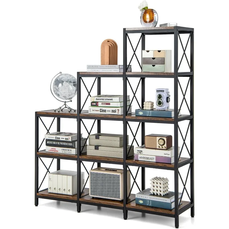 9 Cubes Bookshelf 5-Tier Stepped Bookcase w/Carbon Steel Frame, Anti-Tipping Kits & Adjustable Foot Pads 12 Shelves Storage Open