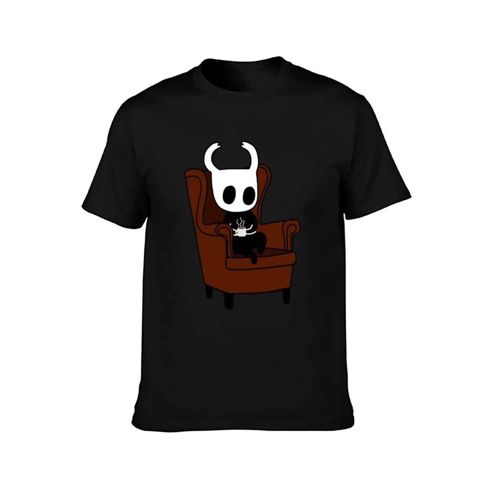 Hollow Knight with a cofee in a couch T-Shirt, Summer Casual Cotton Tee, Oversized Streetwear Tops, Vintage Graphic Print