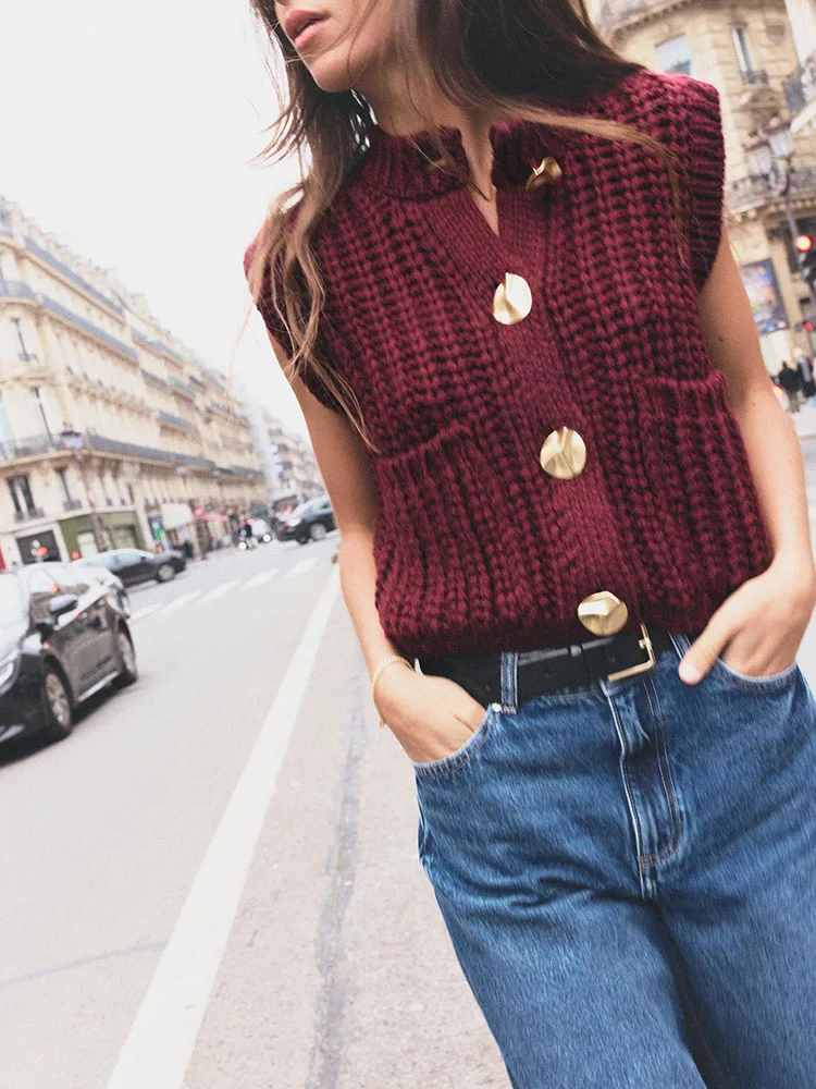 

Spring New Women's Knitted Vest Sle Sweater Single Button Svel round Ne Thi Needle Faionable Commute Regular Le...