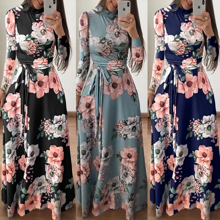 Autumn Winter Floral Print Long Sve Dr Women's High Waist Knitted Gown Vintage Sle Commute Friendly A-Line Skirt