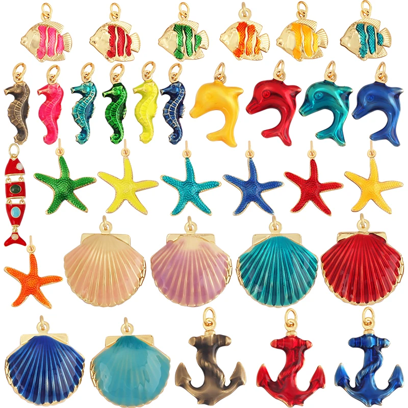 Trendy Multicolor Enamel Scallop Starfish Dolphin Seahorse Charm Necklace Pendant,Summer Beach Holiday Jewelry Components L34