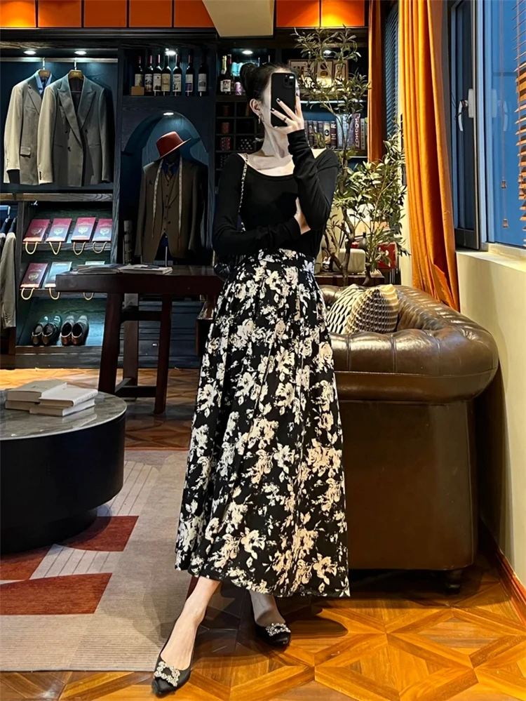 صيف جديد إمرأة الشيفون متوسطة طول التنانير عالية الخصر الأسود الأزهار المطبوعة مزاجه أنيقة فلوي الكاحل طول Vestidos #3