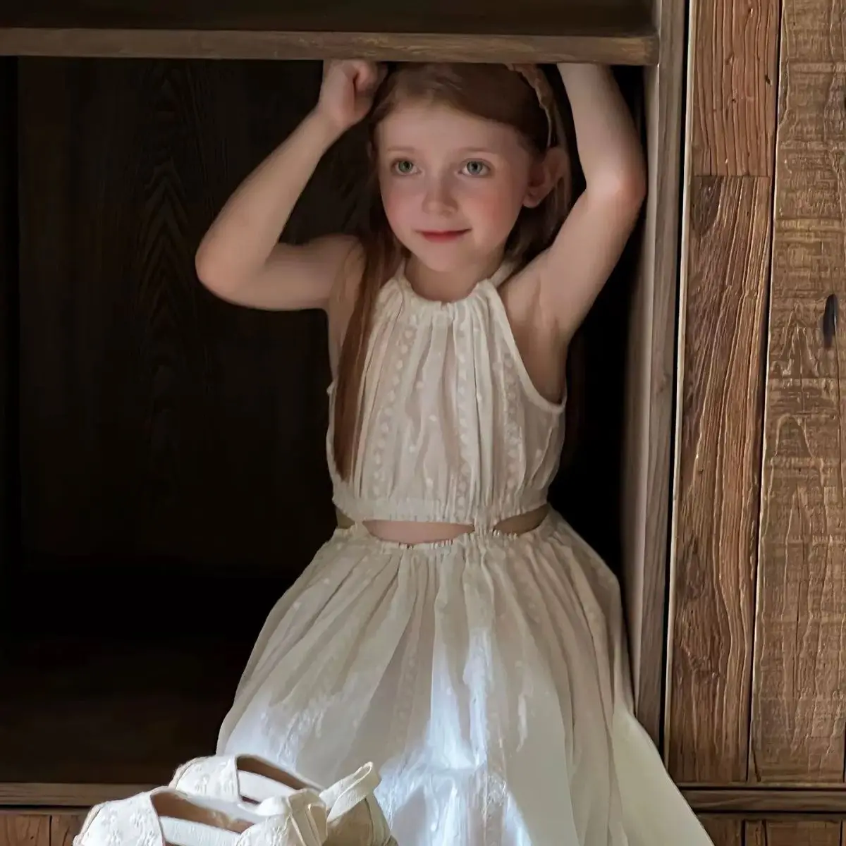 Kids Girls Elegant White Halter Dress, Sleeveless Lace Embroidered Sundress with Waist Cutout, Summer Party Outfit for Toddlers