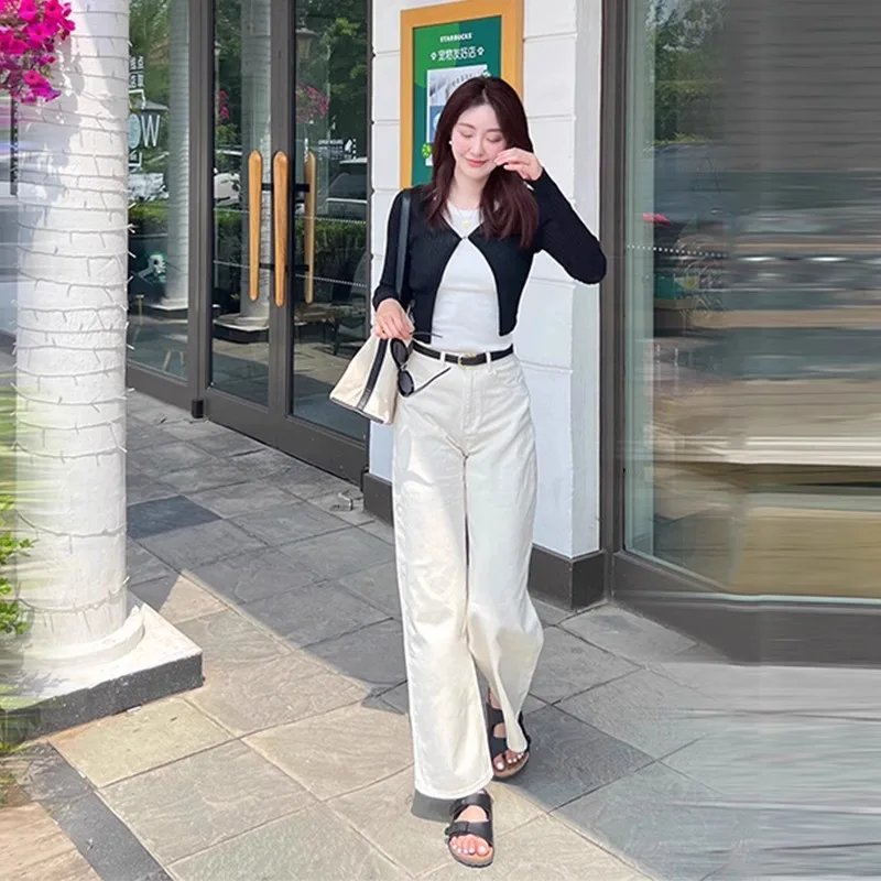 Vaqueros blancos de pierna ancha para mujer, plones hoados de cintura alta, ajustados, sensación avanzada, no transpare...