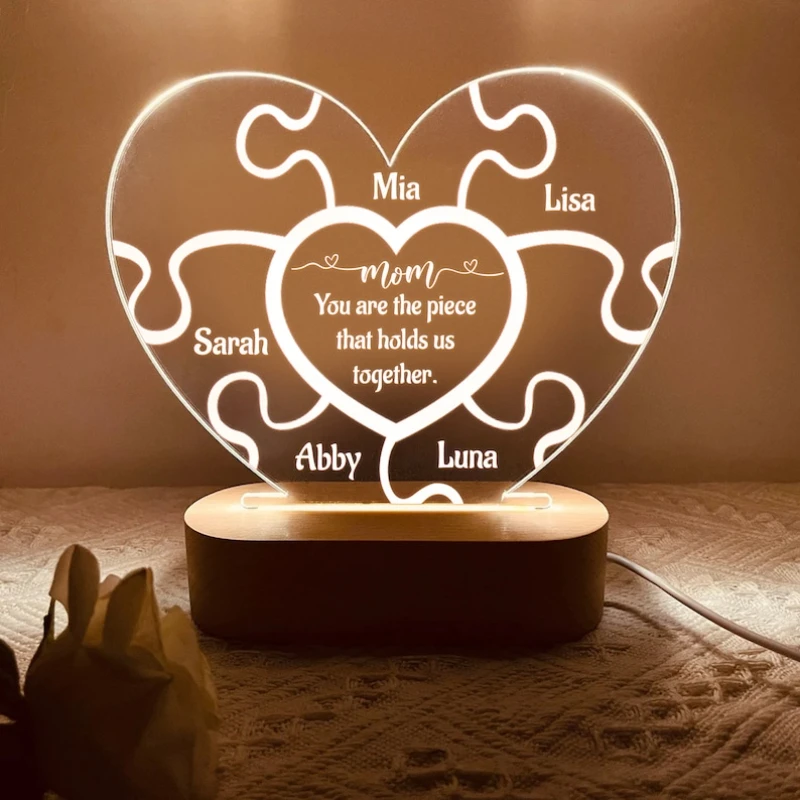 Mom Puzzle Piece Acrylic Heart Shape Night Light Personalized Room Lamp Custom Family Name Engraved Text Home Decor Parents Gift