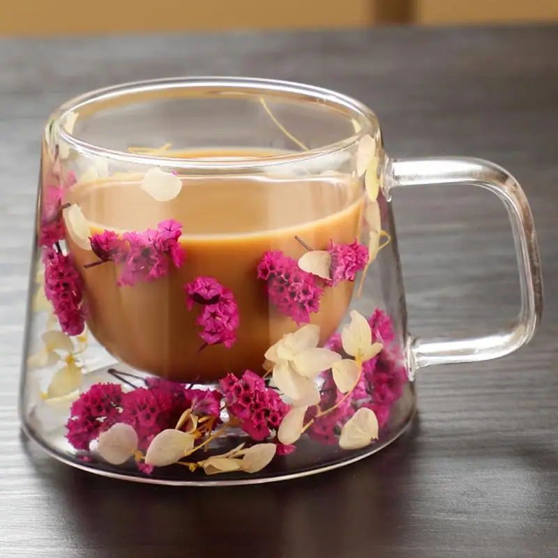 NEW 1PCS Creative Real Flower Double Glass High Appearance Level Full Star Dried Flower Milk Coffee Glass Household Cup Supplies