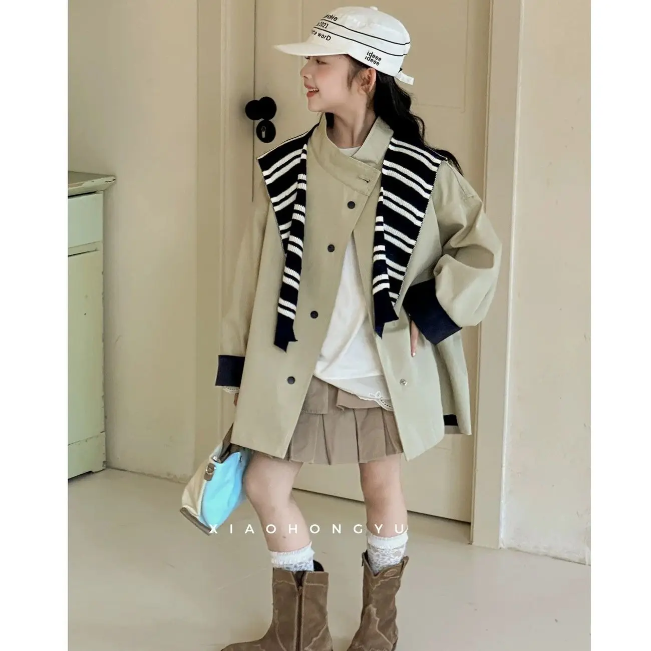 Girls' Khaki Trench Coat Spring Autumn New Children's Windbreaker Plaid Lining Fashionable Jacket  Outerwear