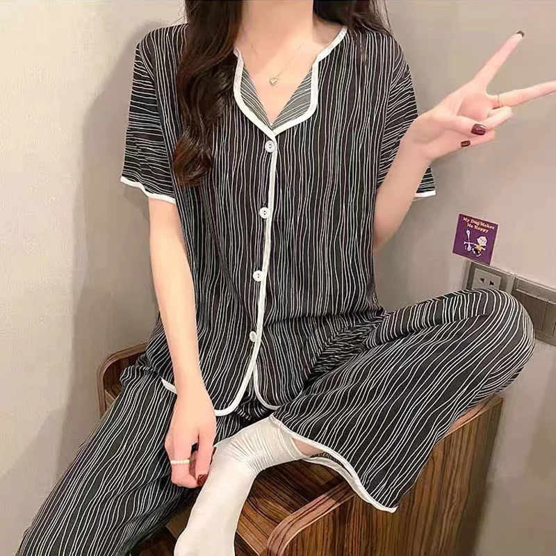 Women\'s New Pajamas Women\'s Summer Short-Sleeved Thin Section of the Large Size Loose Simple Lapel Homewear Three-Piece Suit