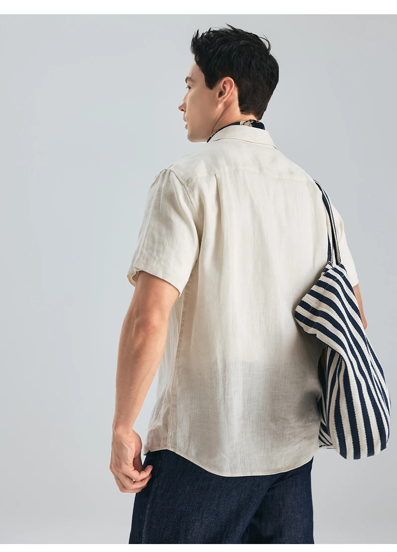 Fengbaoyu Natural 100% Linen Men's Shirt Summer Simple Style Short-Sleeved Top Comfortable, Breathable, Wicks Sweat Keeps Cool