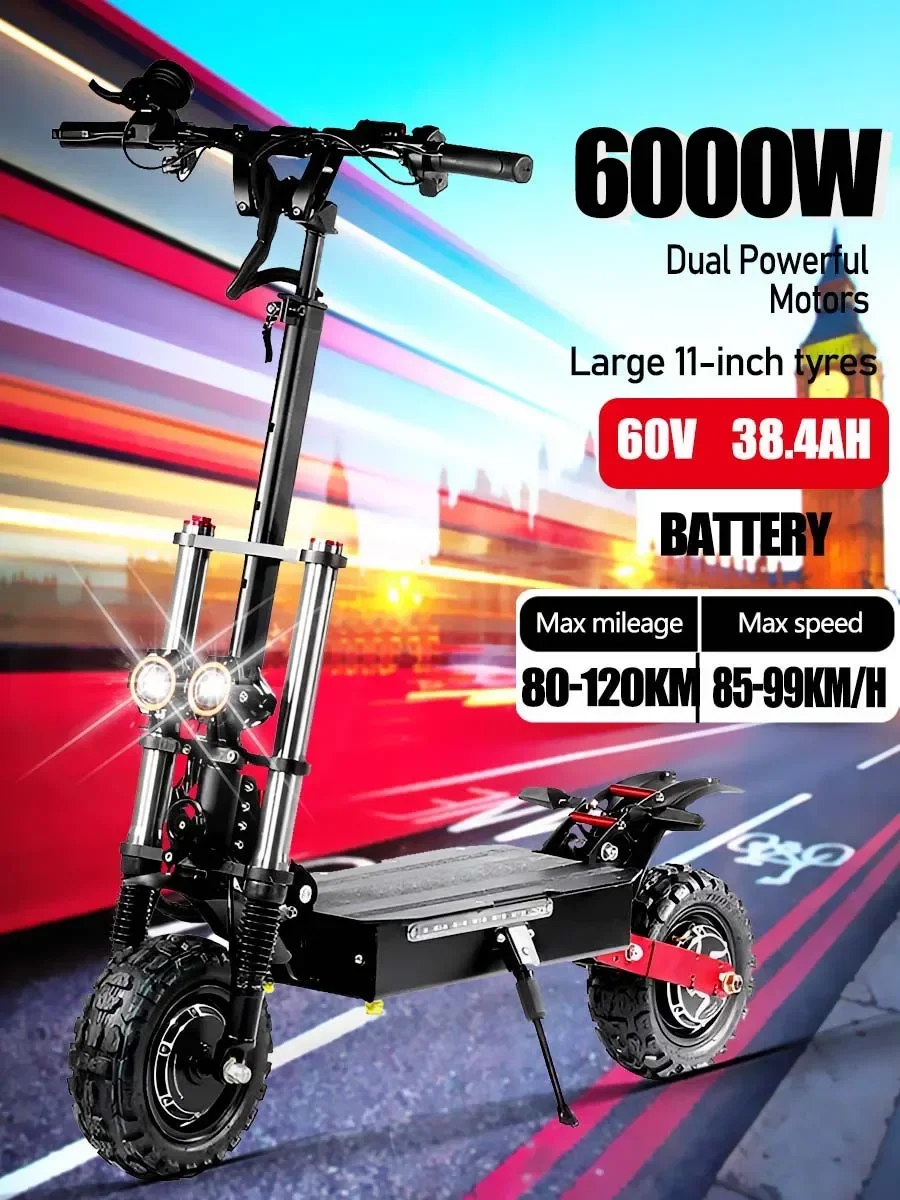 2024 New 6000W 60v 38.4ah Dual Motor Urban Anti-Slip Electric Scooter Max Speed 85-99km/h 11 Inch Off-Road Tires