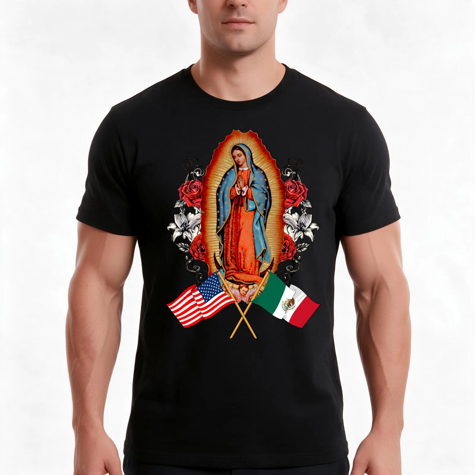 Our Lady Virgen De Guadalupe Mexican American Flag T-Shirt, Summer Casual Cotton Tee, Oversized Streetwear Tops, 100% Cotton