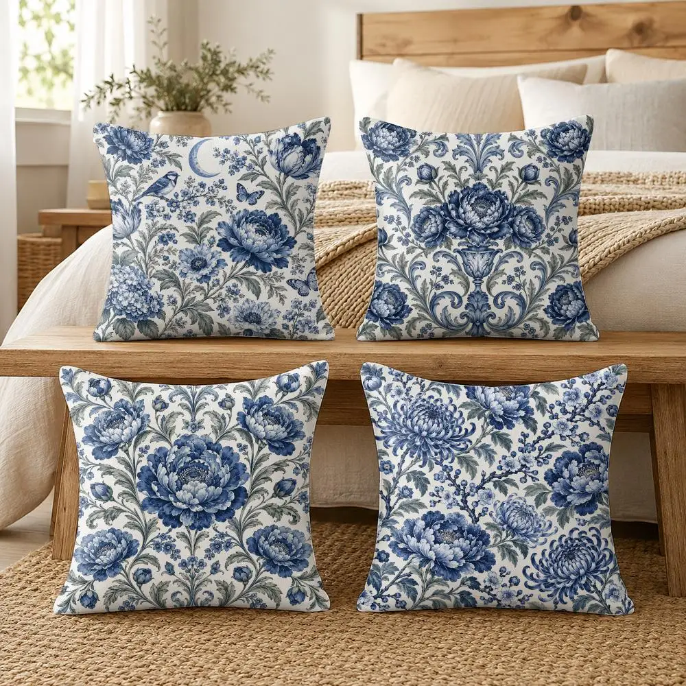 Blue White Flower Pattern Cushion Cover Soft Short Plush Pillow Cases Hidden Zipper Cutecore Sofa Bedroom Home Decor Gift
