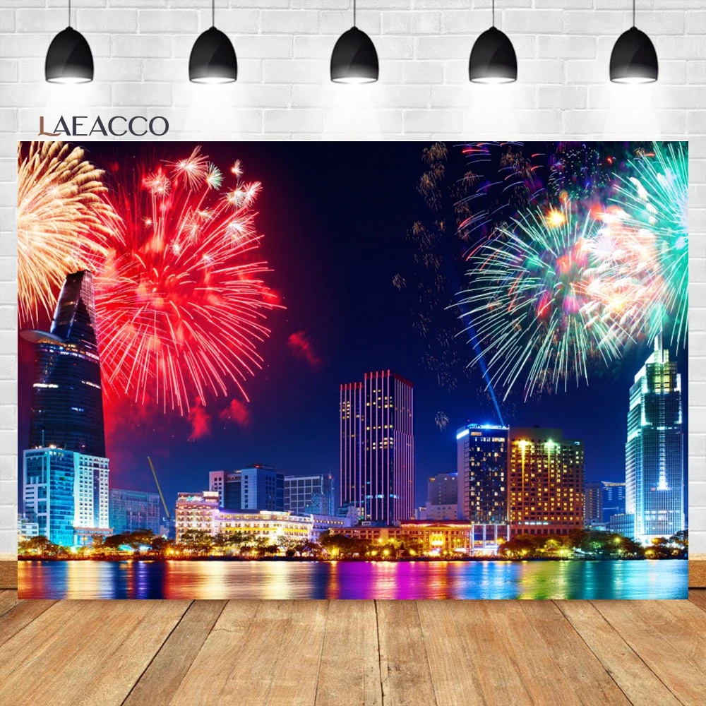 Laeacco Modern City Night Fireworks Backdrop Skyscraper Urban Skyline Birthday New Year Party Portrait Photography Background