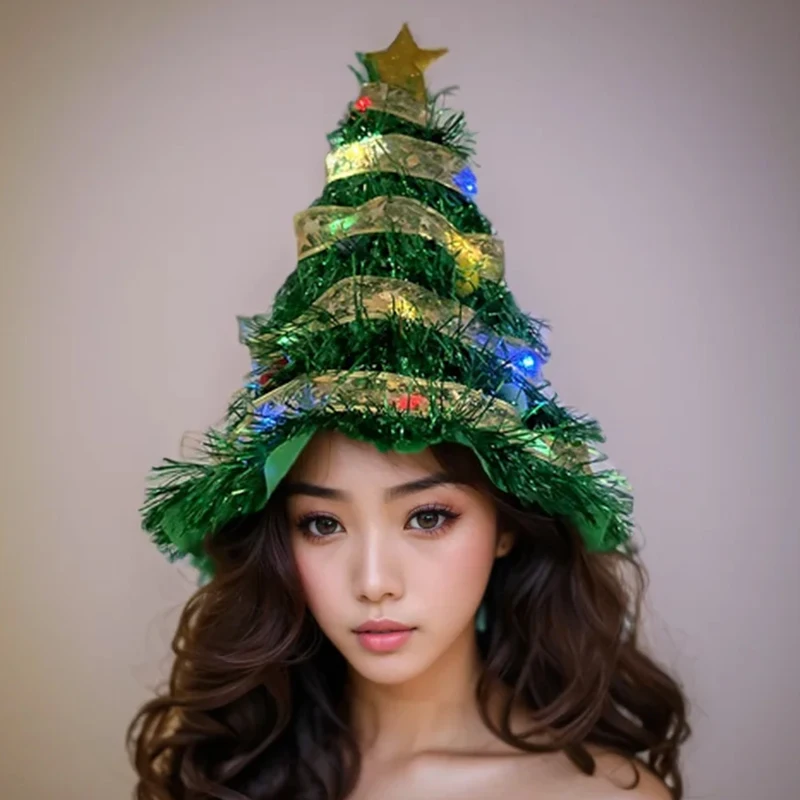 New Style Hats Christmas Green Tree Hat With LED Light Colorful Light Hat Men Women Decoration  Hat Glowing In Night