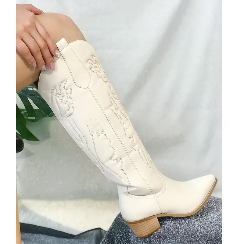 Retro Autumn Winter White Knee High Boots Big Size 41 Women Comfy Walking Female Western Cowboy Boot For Dropshipping Shoes