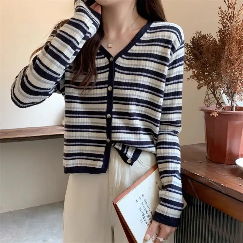 Women Clothing Korean Style Striped Knit Cardigan Spring Autumn New Casual All-match V-neck Long Sleeve Tops Thin Sweaters Coats