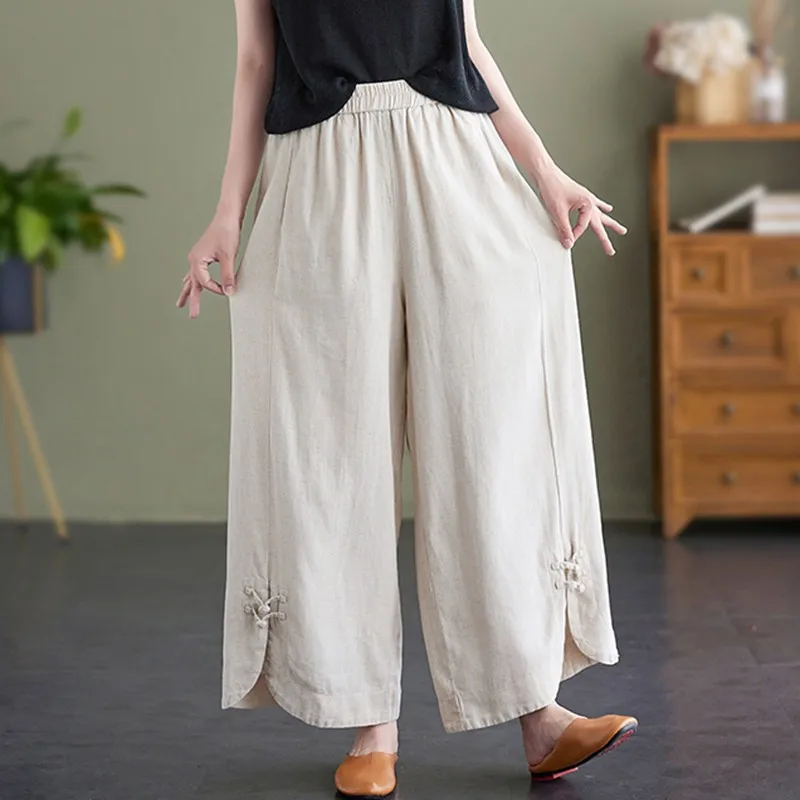 Women Casual Wide Leg Pants New 2024 Chinese Style Vintage Solid Color Loose Elastic Waist Female Ankle-length Pants B3787