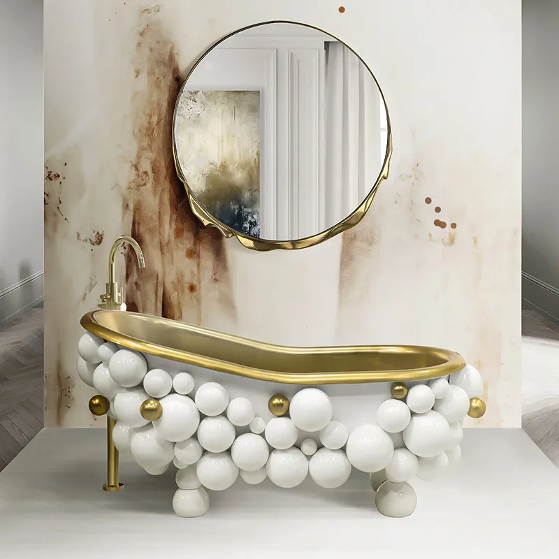 Luxury Stone Baths,Modern Light Luxury Creative Bathtub  standing Stainless Steel Black Spherical Art Italian Minimalist Desi