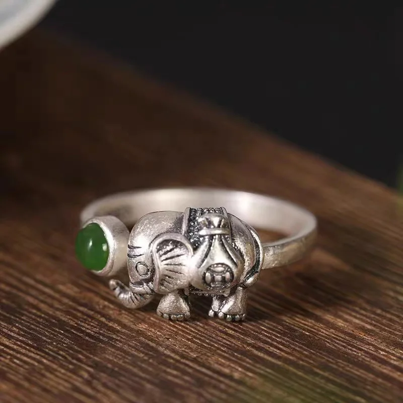 Retro Relief Elephant Ring For Lady Finger Accessories Ethnic Style Jade Red Ring Women Jewelry Adjustable
