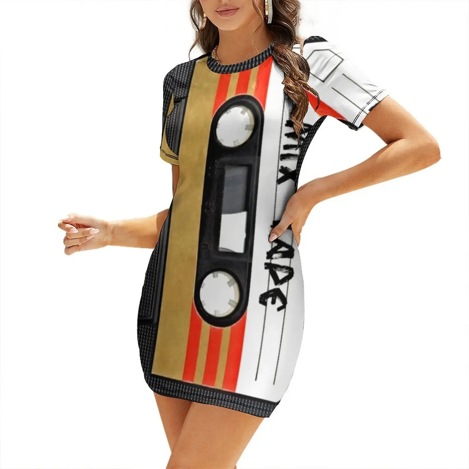 

Cassette Tape Short-Sleeved Dress women's luxury party dress sexy dress Female clothing vintage