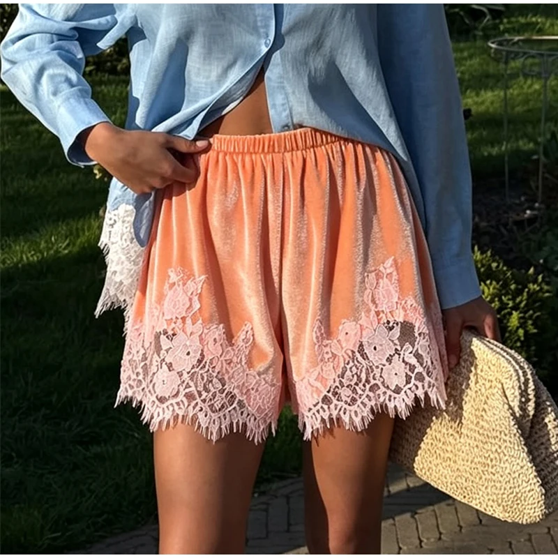 High Street Mint Green Velvet Shorts With Patchwork Lace Trim Paneled Elastic Waist Trousers Women Chic Edgy 2026 Summer Outfits