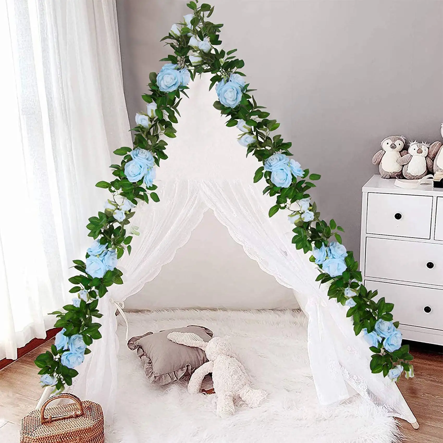 AT29-3 Pcs Artificial Rose Vine Garland Total 32.5 Ft Silk Flower Hanging Baskets Plants For Indoor Outdoor Home (Blue)