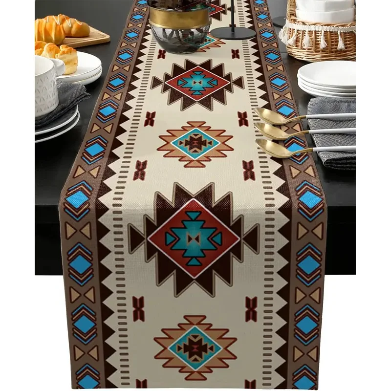 VIKAMA Aztec Tribal Turquoise Brown Print Table Runner, Wrinkle Resistant Long Table Cover Southwestern Home Party Decoration