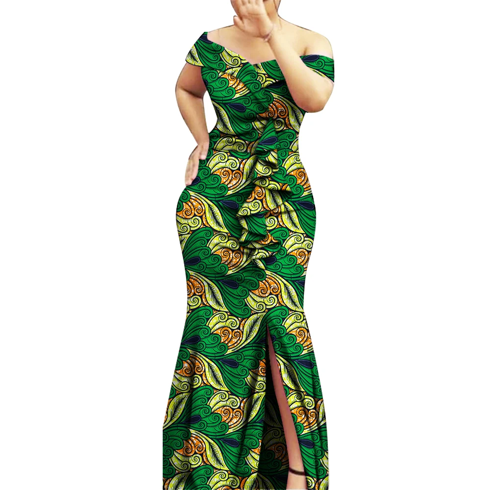 فساتين أفريقية للنساء موضة مائل الرقبة كشكش فستان ماكسي المرأة بازان الثراء طباعة الملابس الأفريقية فستان سهرة WY8894