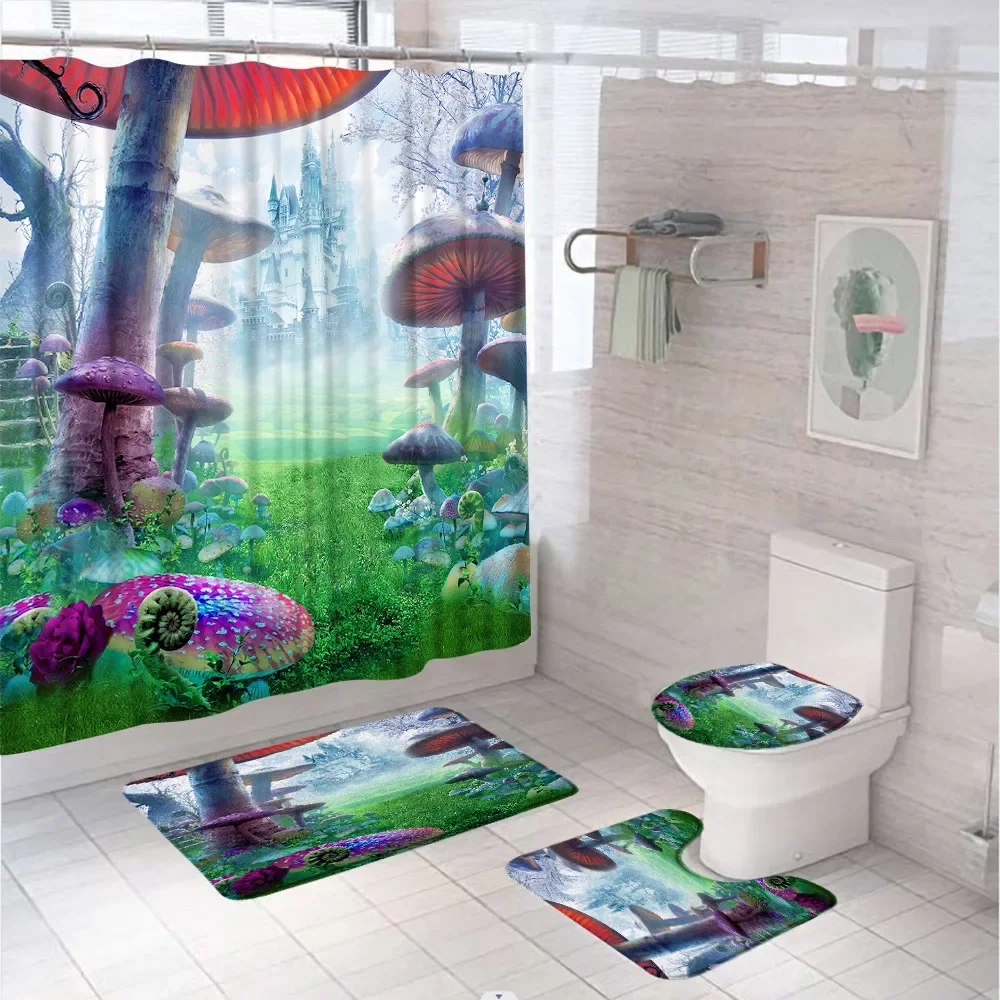 Fantasy Magic Fairy Tale Mushroom Shower Curtain Set Castle Autumn Plant Leaves Bathroom Curtains With Bath Mat Toilet Cover Rug