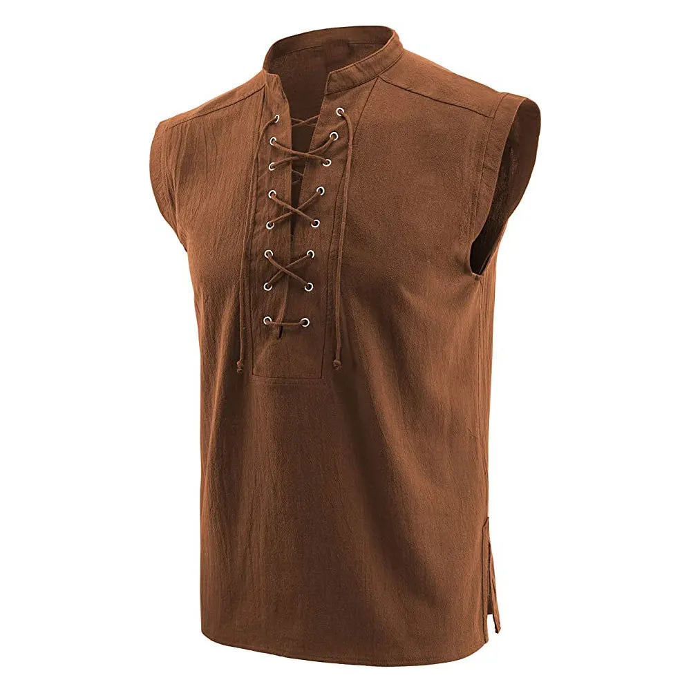 Men Summer Linen Tank Top Sleeveless T-Shirt Lace-up Design Solid Color Shirt Loose Fit Vest Daily Cotton Linen Vest Clothing