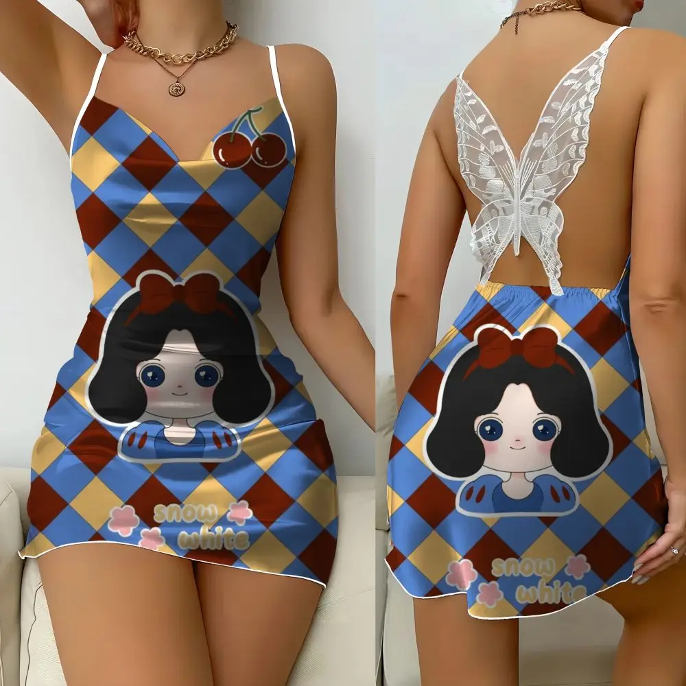 Vrouwen Disney Sneeuwwitje Print Sexy Nachthemd Satijn Vrouwen Kant Vlinder Nachtjapon Mini Nachthemd Thuis Kleding