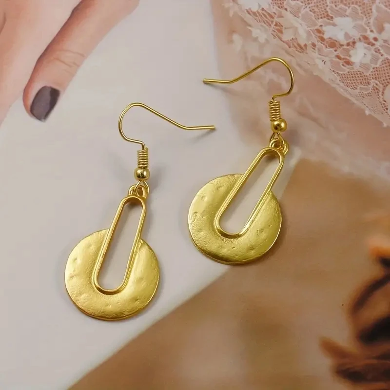 Classical Round Grave Hollow Gold Color Earrings for Women Metal Inlaid Dangle Earrings Jewelry Trendy Female Gift