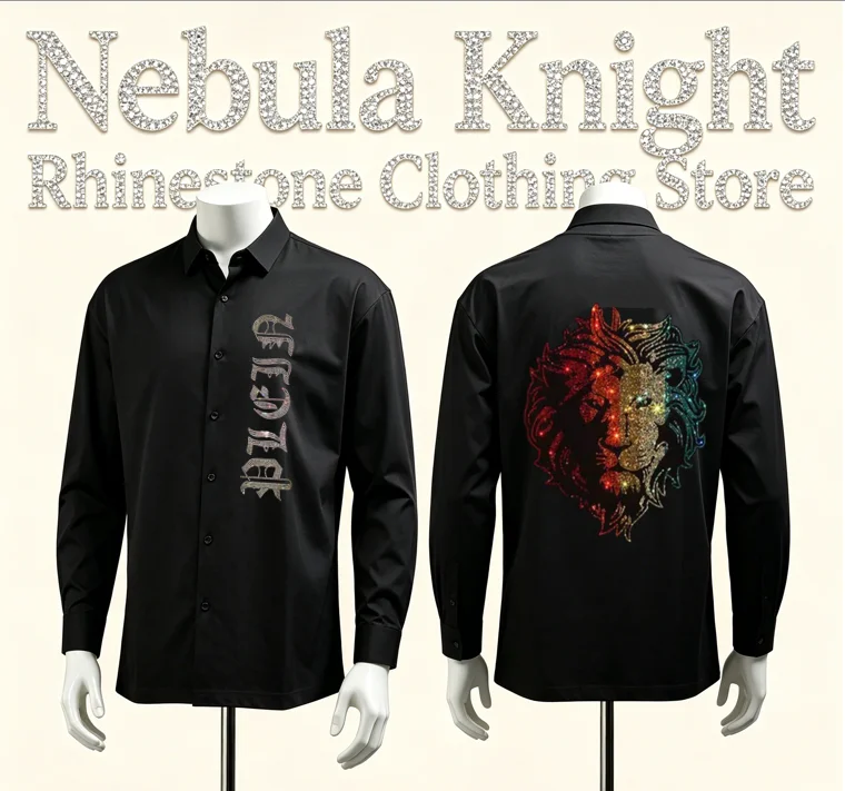 New Mens Slim Fit Long Sleeve Dress Shirt Black Shiny Rhinestone Pattern High Street Daily Wear Tops