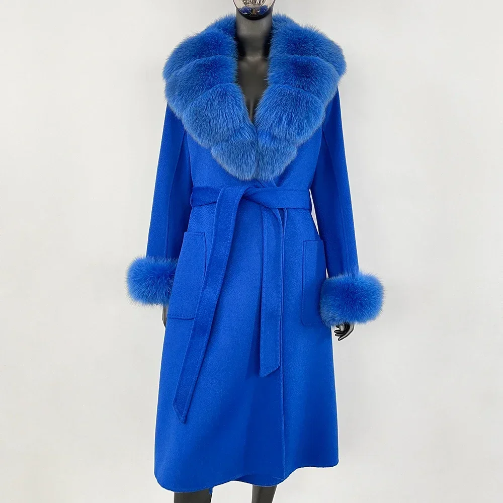 Long Loose Fashion Casual Natural Fox Fur Collar Women Belt Warm Wool Women Real Fur Coat Autumn Winter Woolen Jacket Female