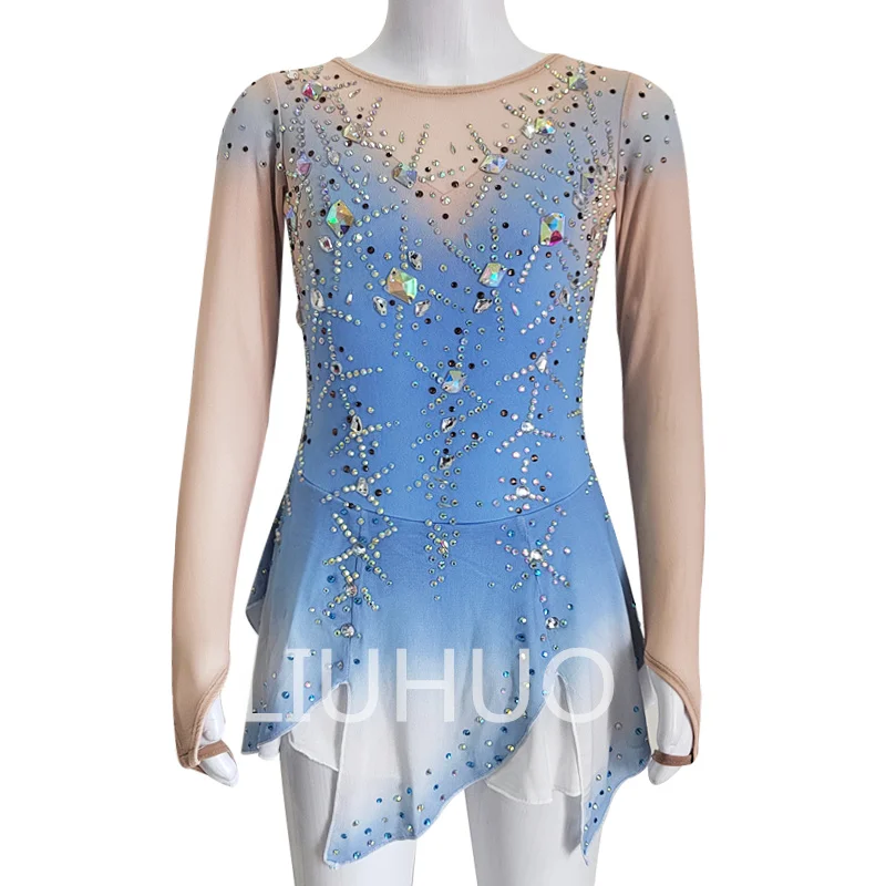 

LIUHUO Light Blue Gradient Figure Skating Dress Girls Women Practice Long Sleeve Ice Skating Skirt Performance Wear