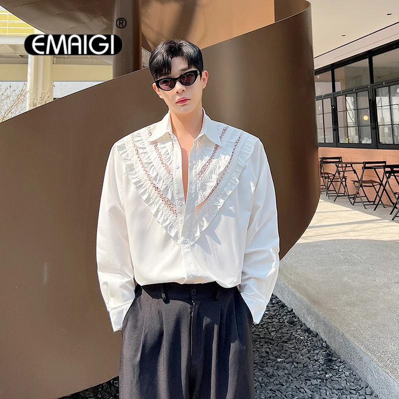 French Fashion Mesh Patchwork Long Sleeve Shirt for Men Korean Streetwear Net Celebrity Vintage Dress Shirts Man Blouses