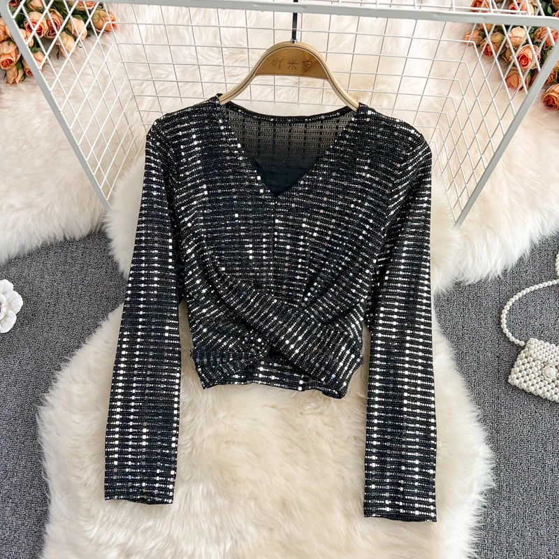 

Faionable Sexy V-Ne Crossed Hollow out Tied Glitter Women's ort Fit Slim Base irt Top for Spring Autumn Commute