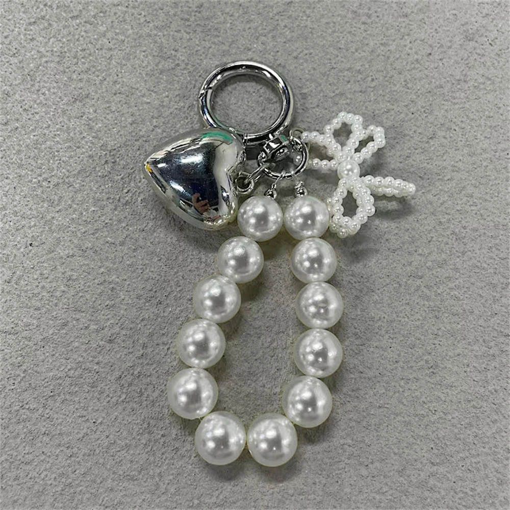 Ins Korean Simpe Heart Bow Pearl Phone Charm Strap Pendant For iPhone Samsung Accessrioes Bag Keyring Woman Chain Hanging Rope