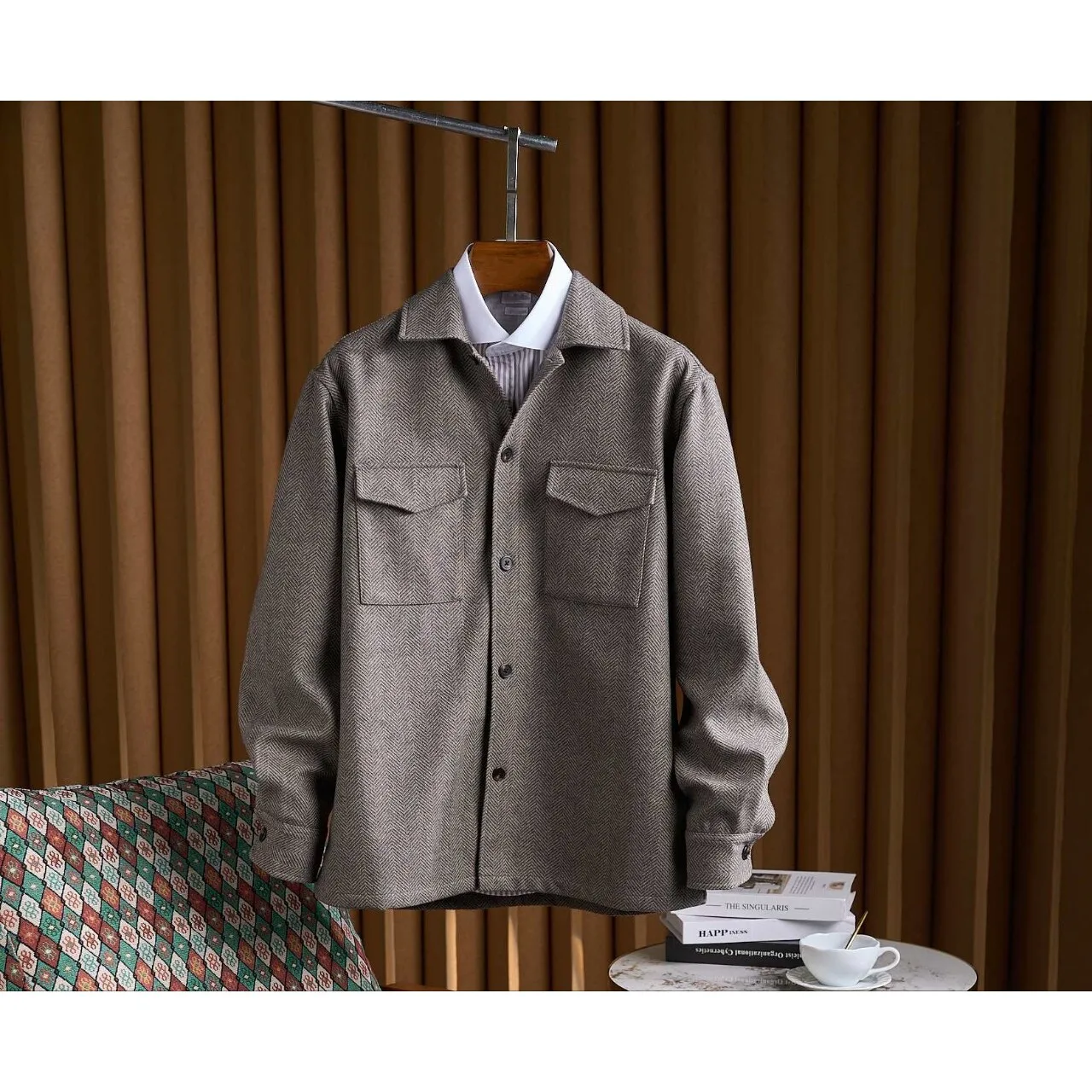 

Soft Touch Woolen Men's irt Jaet Coarse Knit Tweed Outerwear Warmth Comfortable Fit Casual Winter Outerwear