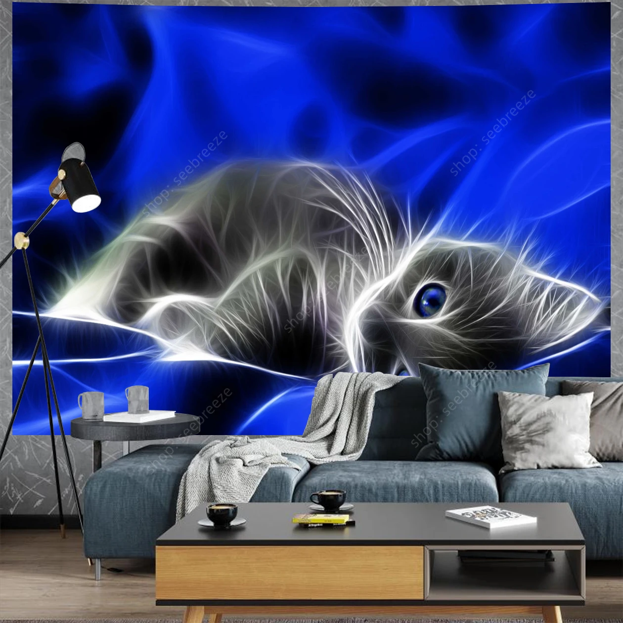 Fantasy Cat Fractal Art Luminous Blue Gradient UV Tapestry Dreamy Ethereal Wall Hanging Decor Living Room Bedroom Nursery Office