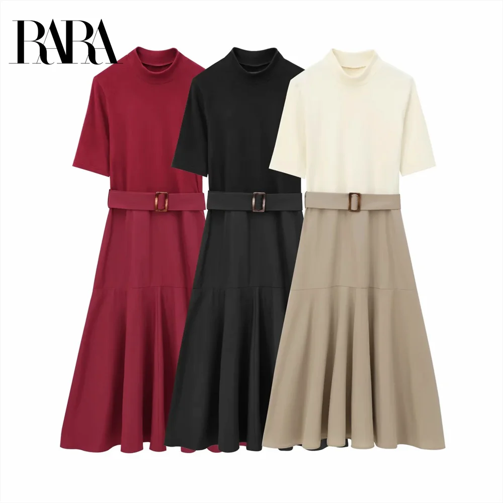

2024 RARA contrast color design with belt half high collar casual versatile temperament dress winter new women's clothing