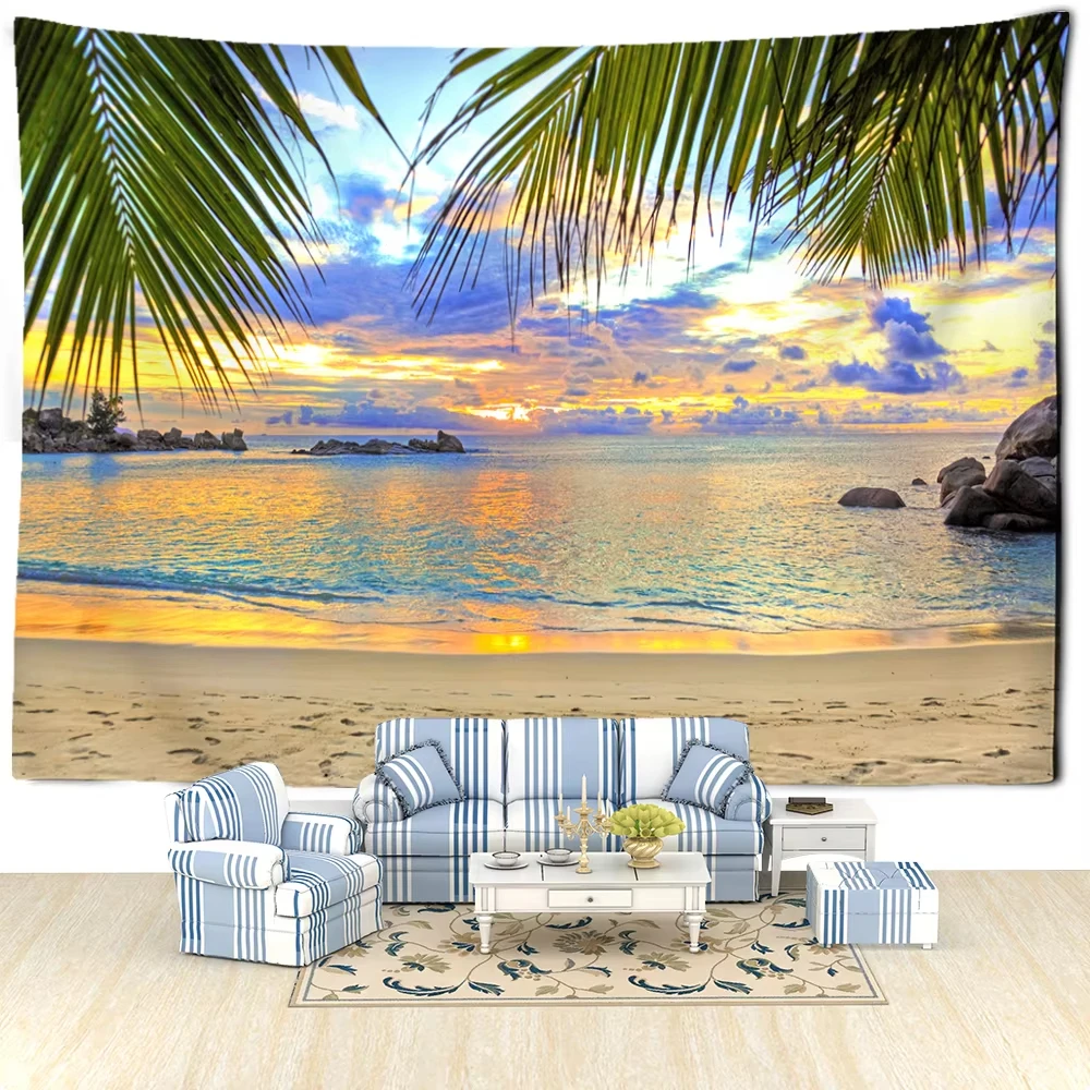 VIKAMA Sommer Tropischer Strand Sonnenuntergang Panorama Wandteppich Blume Wohnzimmer Schlafzimmer Urlaubsstil Gemütlich Entspannende Weltraumarrangement