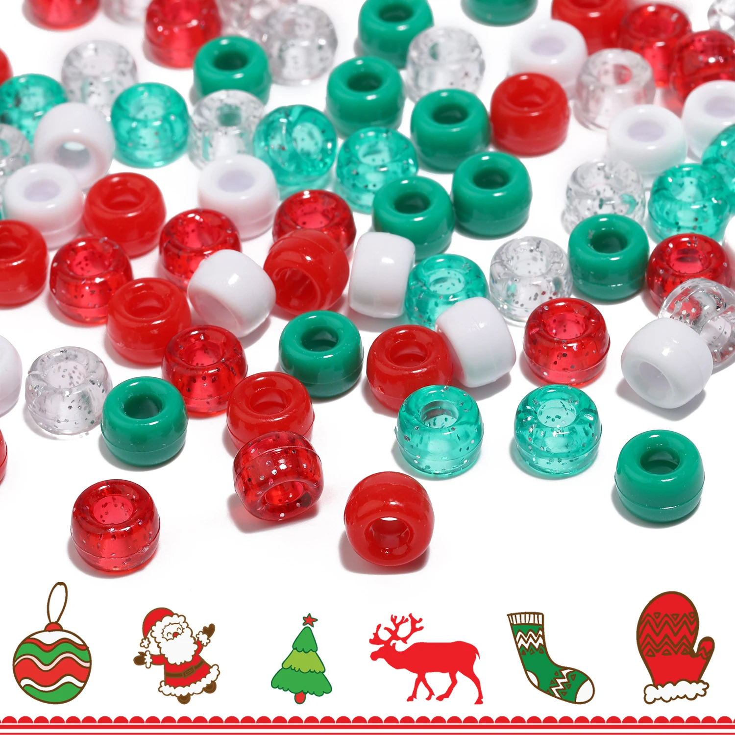 80pcs/Box Transparent Christmas Color Pony Beads Large Hole Acrylic Hair Beads DIY Bracelet Keychains Making HandCrafts Gifts