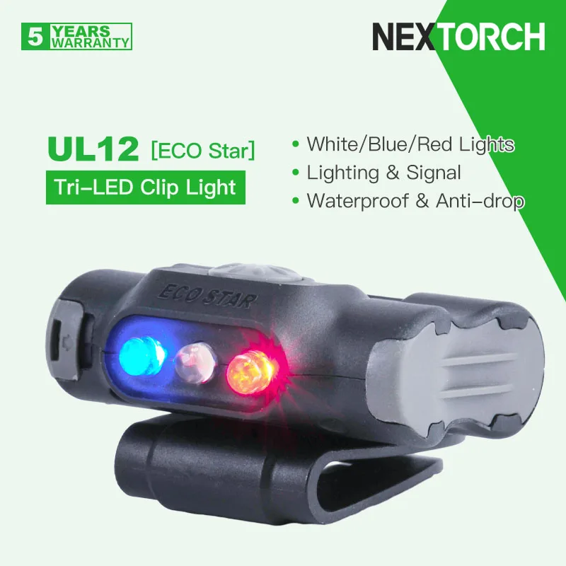 

Nextorch UL12 Tri-LED Sources Clip-Light/Signal-Light/Flashlight, White/Blue/Red Lights. Clip Fits for Strap,Backpack,Cap,Etc