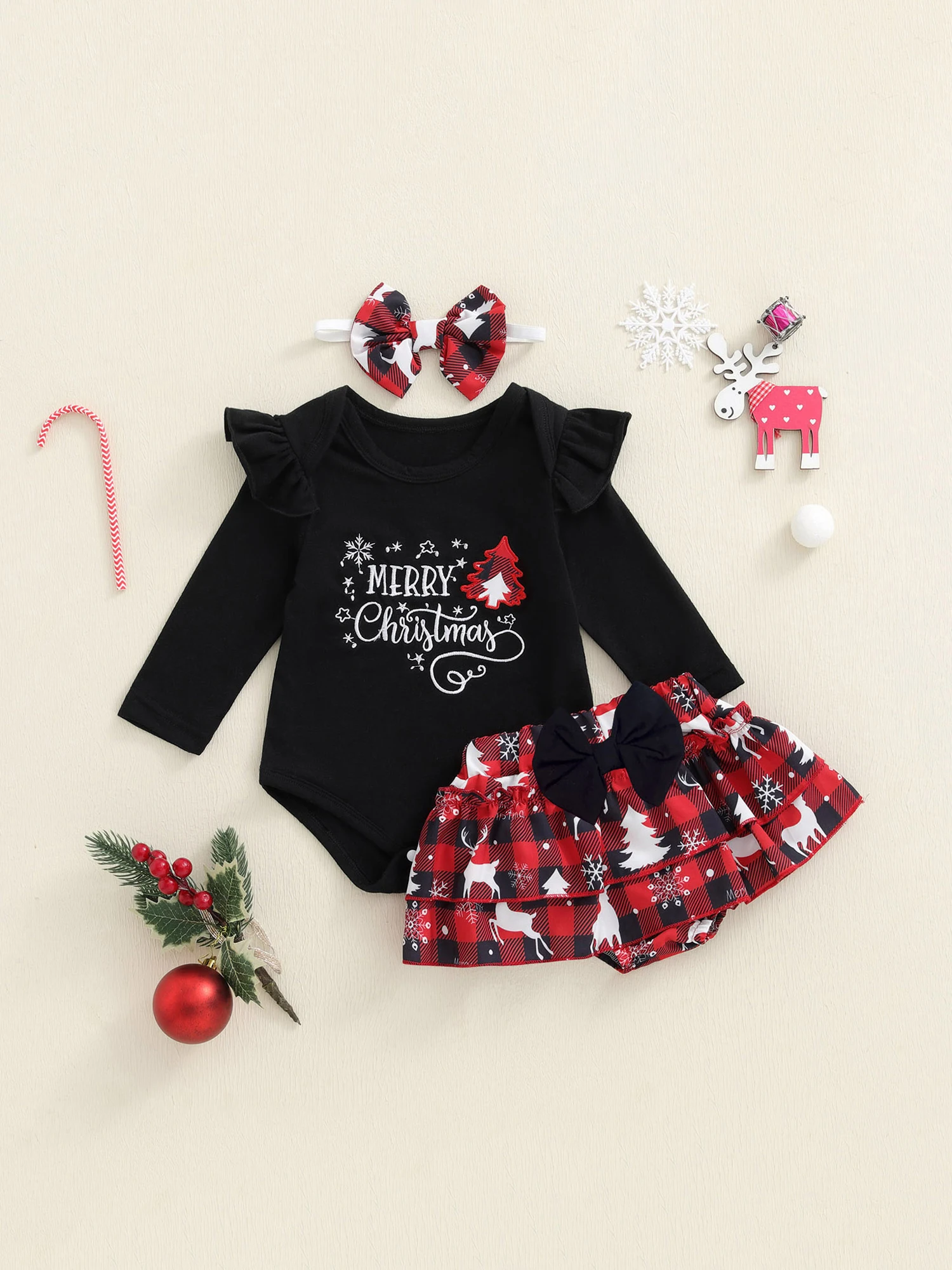 

Зимний комплект одежды для маленьких девочек, комбинезон с длинными рукавами и принтом оленей, юбка-пачка и повязка на голову с бантом, рождественский костюм из 3 предметов