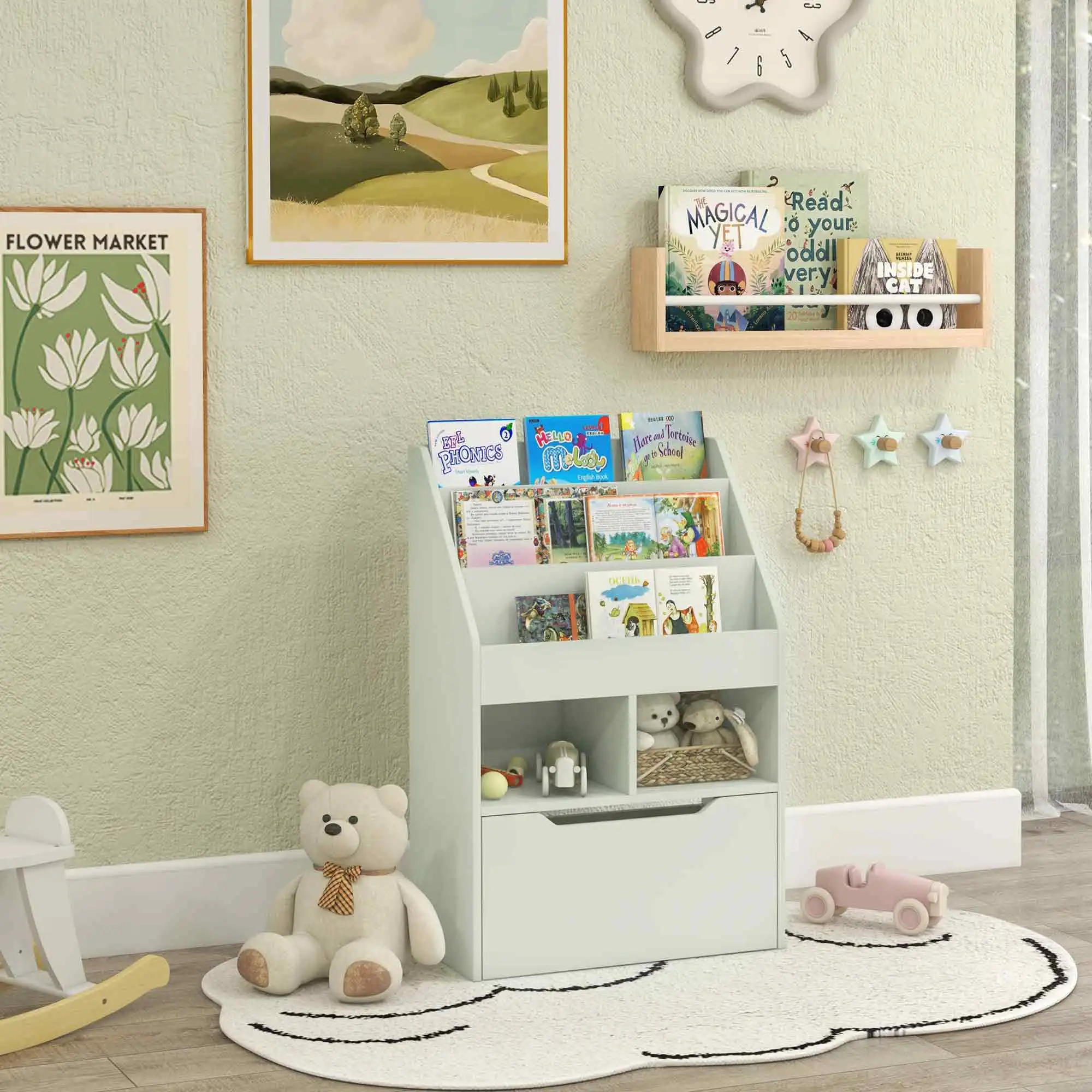 Kids Storage Bookcase Stand w/ Display Shelves & Drawer for Toys & Books, Green