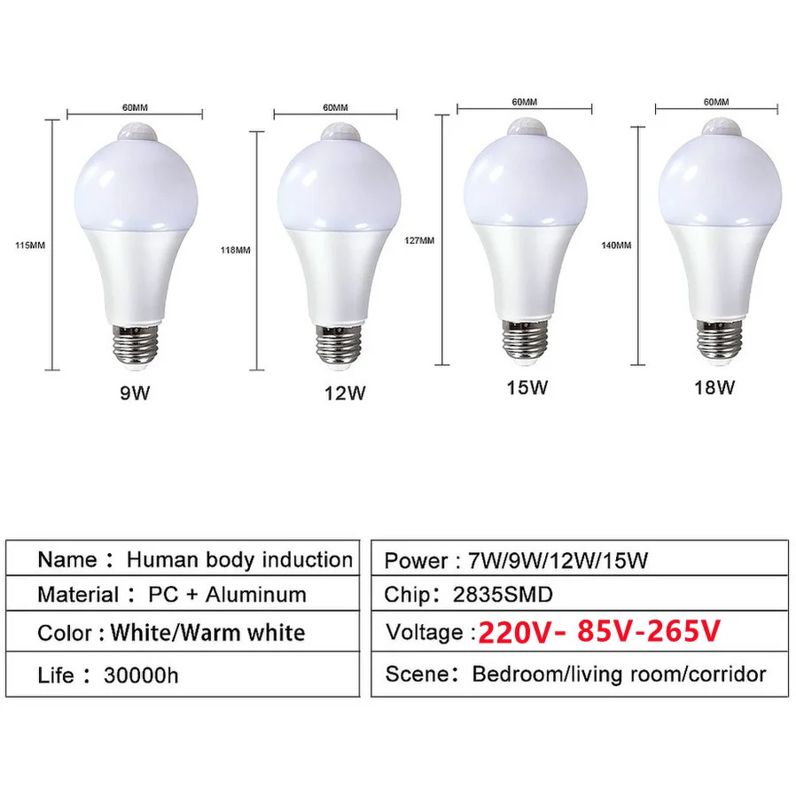 220V 110V LED E27 PIR Motion Sensor Lamp 12W 15W 18W LED Bulb with Motion Sensor Infrared Radiation Motion Detector night light