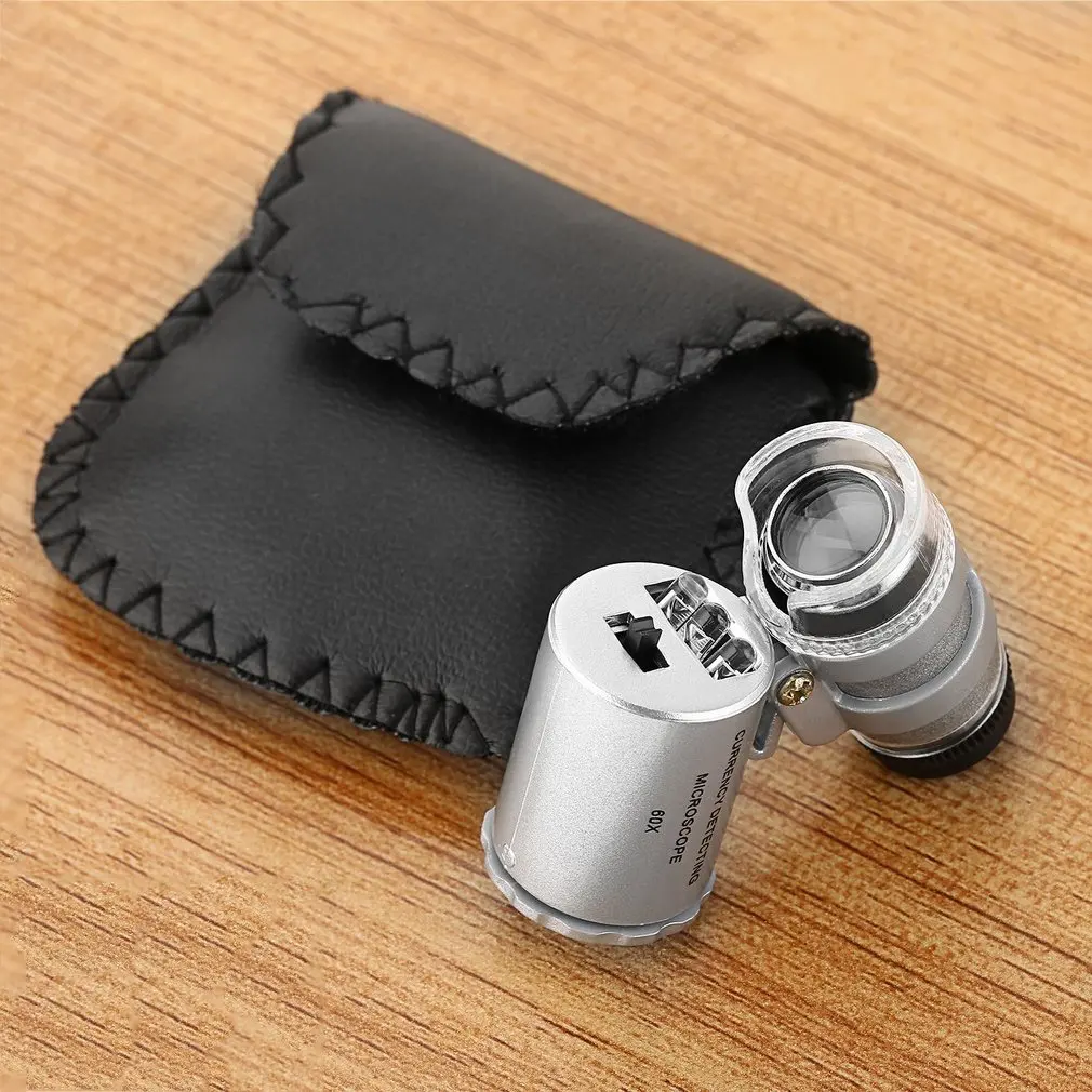 Mini Portable Handheld Money Tester 60X Currency Detecting Microscope Magnifier Loupe Glass LED Light UV Silver Microscope