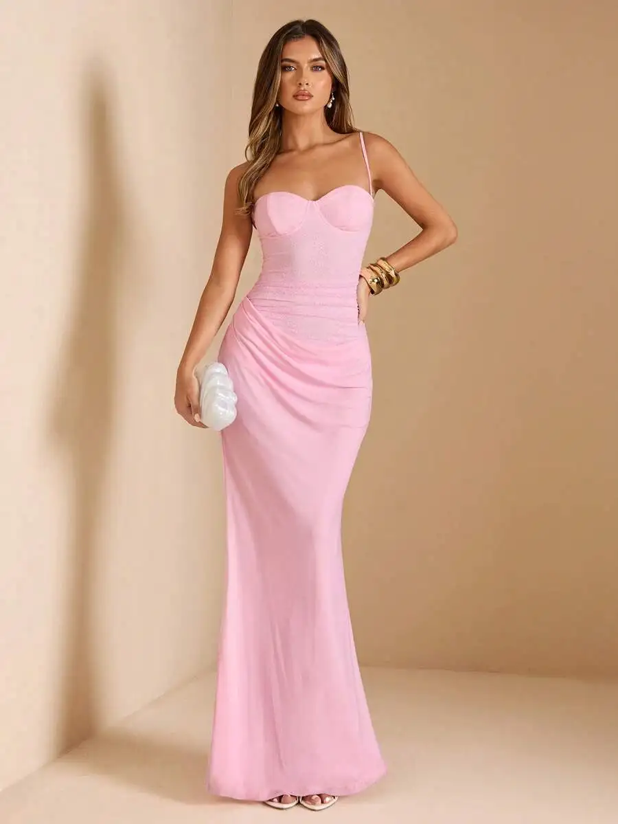 

Elegant Pink Lace Spaghetti Strap Maxi Dress for Party Wedding Guest