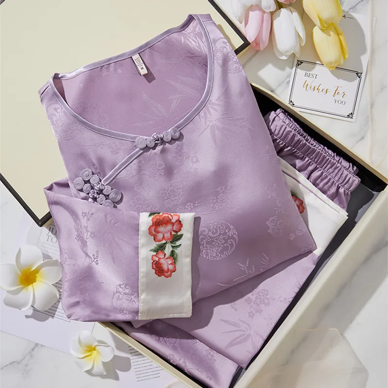 

Комплект пижамы в китайском стиле: шелковистая атласная домашняя одежда с длинным рукавом, свободный топ и брюки, 2 предмета, повседневная женская одежда для сна